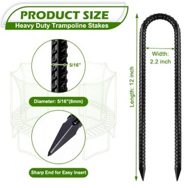 x-vesolje 12 Inch Trampoline Stakes, Heavy Duty Trampoline Anchors, Tent Stakes Heavy Duty, U Hook Ground Anchors, Trampoline Stakes Anchors High Wind, Yard Stakes, Galvanized Steel (12 Pack, Black)