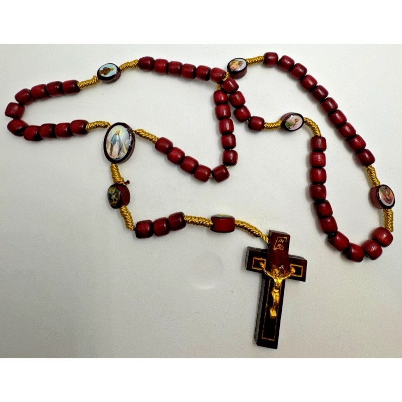 Devotional Saints Corded Wood Rosary - Red with Gold -