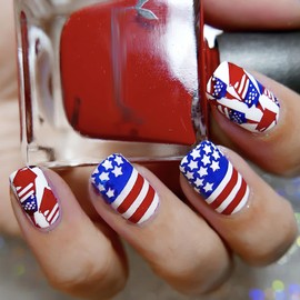 Mkwntg 4th of July Press on Nails Short Square Fake Nails Matte Rocket Full Cover Glue on Nails Patriotic America Flag False Nails with Red Blue Stars Designs for Patriotic Woman Manicure Decor 24Pcs