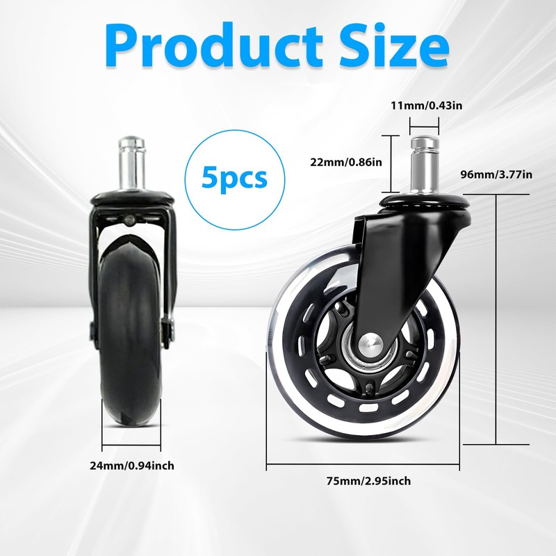 5 Pack Heavy Duty Rubber Office Chair Caster Wheels, Universal