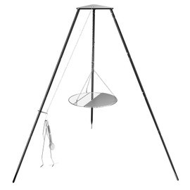 DPZM Campfire Tripod for Cooking, Campfire Cooking Equipment, Round Grill Grate with Adjustable Height for BBQ Picnic Outdoor Cookware Party & Collapsible Legs for Easy Storage