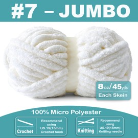 FREEASYFAR Chunky Chenille Yarn for Crocheting - Bulky Fluffy Yarn for Knitting -100% Polyester -Jumbo 7-45 yds/8.8 oz Each Skein-Hand Knitting Blanket DIY (White, 3 Pack)