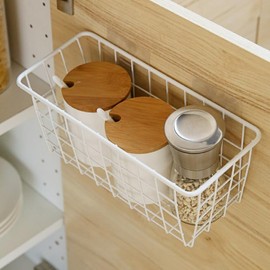 Creative Wall Mounted Storage Basket with Sticky Hooks, Iron Hanging Organizer for Kitchen, Bathroom, White, 11x4.7x4.5 Inches