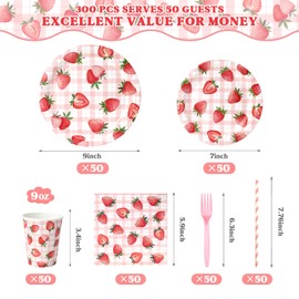 300 Pcs Strawberry Plates and Napkins Tableware Set, Plates Napkins Cups Straws and Forks Sets, Strawberry Party Birthday Supplies, Shortcake Birthday Decorations, Serves 50 Guests