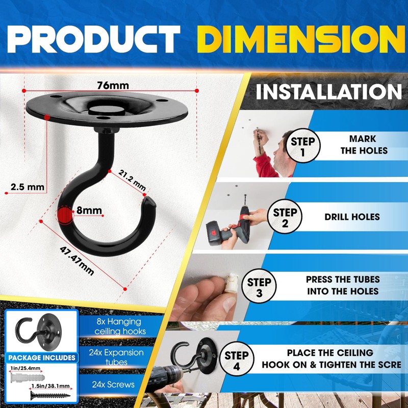 [Upgraded] 200LBS 8Pcs Round Ceiling Hooks with Firmly Rotatable Button,