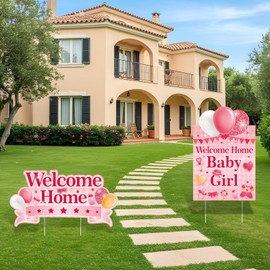 2PCS Welcome Home Baby Girl Yard Sign Decorations, Pink Baby Shower Yard Signs with Stakes It’s a Girl Lawn Sign for Welcome Newborn Gender Reveal Party Yard Garden Outdoor Decor