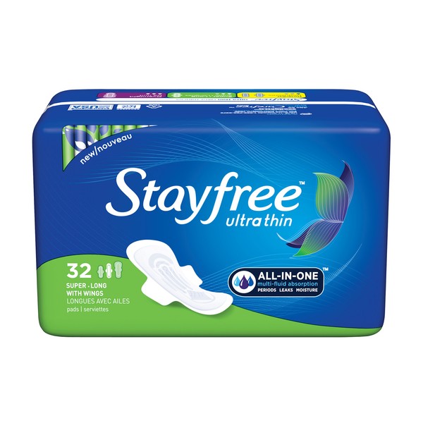 Stayfree Ultra Thin Super Long Pads with Wings For Women, Reliable Protection and Absorbency of Feminine Moisture, Leaks and Periods, 32 count