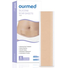 Ourmed Silicone Scar Removal Sheets (1.6" x 6", Pack of 5) Medical Grade Silicone Scar Removal Sheets, Hypoallergenic for New and Old Scars – Surgery, Burns, Acne, Keloids, Stretch Marks, C-Section