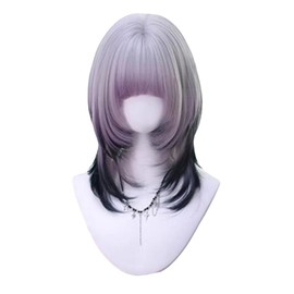 huafan luxkazya Short Ombre Purple Black Wig with Bangs Layered Black Purple Gradient Wigs for Women Lolita Wigs Natural Heat Resistant Synthetic Wig for Daily Party Use