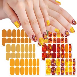 SILPECWEE 6 Sheets Fall Nail Wraps for Women Nail Polish Stickers Stick on Nail Polish Strips Gel Nail Strips Self Adhesive Fingernail Sticker with Nail File - Maple Leaves&Solid Color