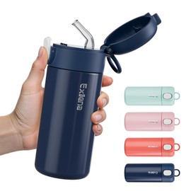 Exllena 300ml Small Water Bottle with One-Touch Straw Lid, Double-Wall Vacuum Insulated Small Flask for Hot&Cold Drinks–Leak-Proof, Mini Water Bottle for Handbag, Yoga, Sport (Dark Blue)