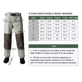8 Fans Mens Womens Waist Waders,3-Ply Durable Breathable Waterproof Stockingfoot Insulated Wading Pants for Fishing Kayaking Size XS Khaki
