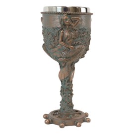 Ebros Nautical Sirens Of The Sea Rustic Mermaid Maiden By Coral Reef With Ship Helm Wheel Base Wine Goblet Chalice Beverage Drinkware Serveware Decorative Mermaids Hand Painted Bronze Accent Resin