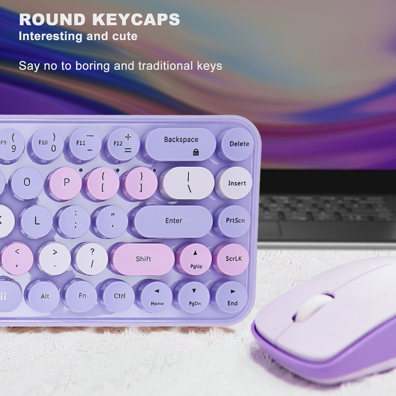 Keyboard Mouse Combo 2.4GHz Wireless Cute Retro 68 Round Keycaps