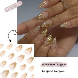 24pcs Short False Nails - Almond Press on Nails in 12 Sizes - Full Cover Acrylic Press on Nails with Gold Dust Design - Removable Fake nails Women Girls Nail Art Accessories