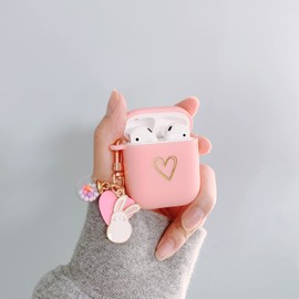 Fycyko Kompatibel mit AirPods 2 & 1, Herz Muster mit Niedlicher Glücksball Airpods Case mit Schlüsselanhänger Stoßfeste AirPods Schutzhülle für Mädchen Frau für Airpods 2 & 1-Rosa