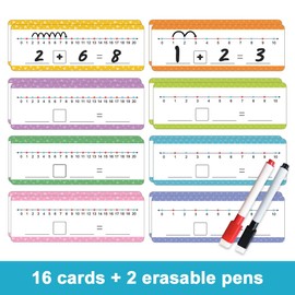 Math Addition & Subtraction Number Line Cards 0-20, Erasable Learning Tool for Kids - 16 Reusable Cards with 2 Erasable Pens, Preschool & Primary School Math Aid