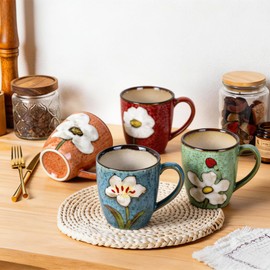 12oz Coffee Mugs Set of 4, Hand-Painted Floral Stoneware Cups with Handle, Dishwasher Microwave Oven Safe, Cappuccino Mugs for Latte, Tea, Espresso & Hot Cocoa, for Home Kitchen & Cafe, Mix