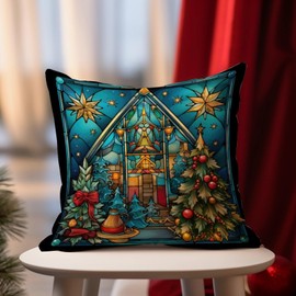 Luckluccy Church Stained Glass Christmas Pillow Cover Happy Holidays Pillow Case 18x18in Decorative Pillow Home Cotton Linen Pillow Case for Farmhouse Sofa Couch Bed Car Housewarming Gift