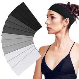 Sefiinh Headbands For Women 12 Pack Sweat Headband Yoga Black White Gray Elastic Head Bands Women's Hair Band Workout Hairbands Accessories