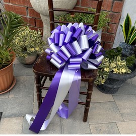 Fully Assembled Large Car Bow, 16" Wide - Purple, Lavender & White, Front Door Decoration, Spring Decor, Christmas, Gift Bow, Wedding, Reception, Anniversary, Birthday, Mardi Gras, Easter