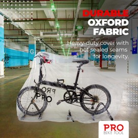 PRO BIKE TOOL Bicycle Cover Transparent PVC 0.15mm Thick, Reflective Safety Loops, Chain Hole Rings, Wheel Fit Rope, Adjustable Buckle Strap, Storage Bag, Large Size