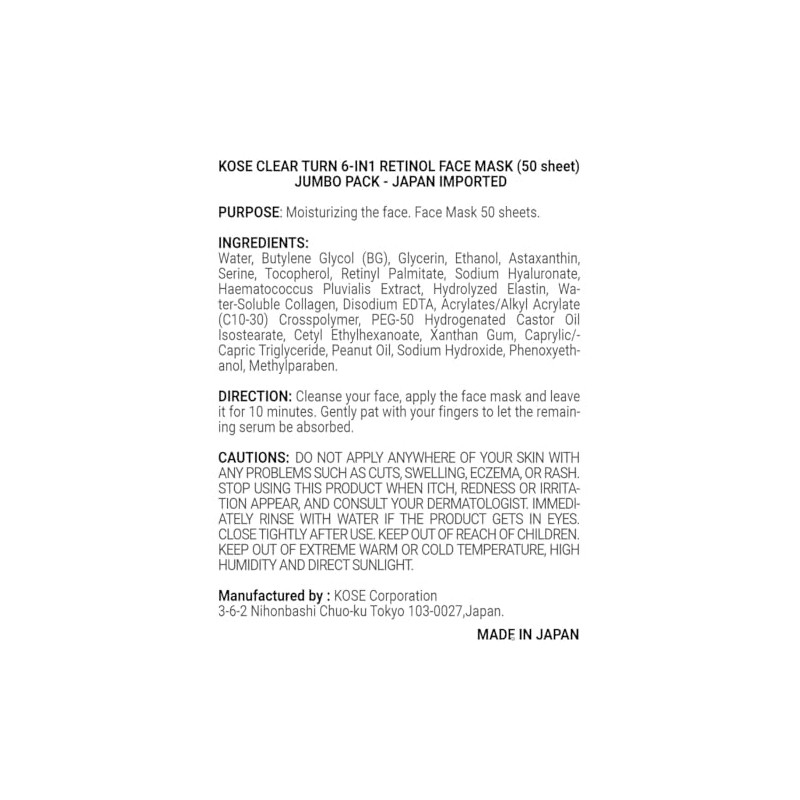 Kose Clear Turn 6-in1 Retinol Face Mask (50 sheet) Jumbo
