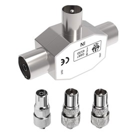 Pencilupnose TV Aerial Coax Splitter, Coaxial Metal Housing, 2 Way 1 Male to 2 Female Adapter Connector Joiner Including 2x Male 1x Female TV Aerial Coaxial Cable Connectors Adaptor