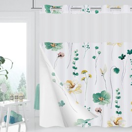 XZTXBest No Hook Shower Curtain with Snap in Liner,Plants Blue Beige Flower Shower Curtain with See Through Top Window, Waterproof & Machine Washable,Shower Curtains for Bathroom 71Wx74H