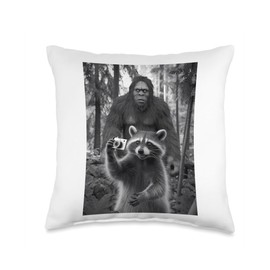 Scared Raccoon Selfie with Sasquatch Throw Pillow