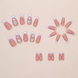 24Pcs White French Tip Press on Nails Medium Square Nails Butterfly Fake Nails with Rhinestones Full Cover Nude Acrylic Nails French False Nails Reusable Laser Diamond Stick on Nails for Women Girls