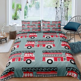 Tbrand 3D Fire Engine Duvet Cover Set Cartoon Car Vehicle Bedding Set 135 x 200 cm for Children Fire Brigade Fire Brigade Rescue Beds Bed Set Teal Blue Print 2 Pieces