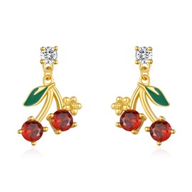 StoryEtain Cherry Stud Earrings 925 Sterling Silver Cherry Blossom Stud Earrings Cherry Hanging Stud Earrings Fruit Plant Jewellery Gifts for Girls Children Women, Sterling Silver