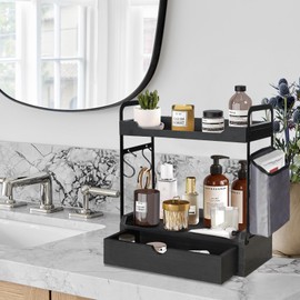 Coffee Bar Accessories and Organizer, 2-Tier Coffee Station Organizer, Wood Kitchen Countertop Organizer with Bag and Hooks, Coffee Pod Holder for Coffee Bar Decor, Coffee Syrup Snack Organizer(Black)