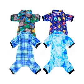 PET SHOW 4 Pack Small Dog Pajamas Cute Dinosaur Monster Clothes for Medium Dogs Soft Stretchy PJs Plaid Jumpsuit Puppy Tie Dye Onesies Outfits with Sleeve Pets Dachshund Costume(XL, Blue for Boys)