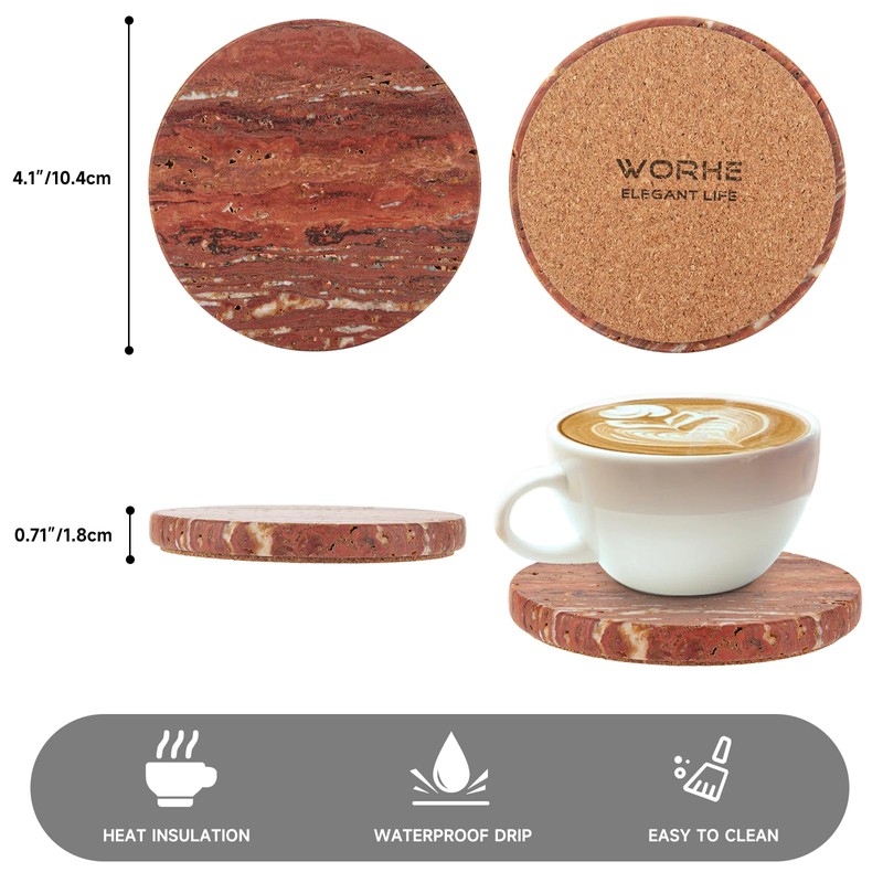 WORHE Marble Coaster for Drinks 4" Diameter Set of 4