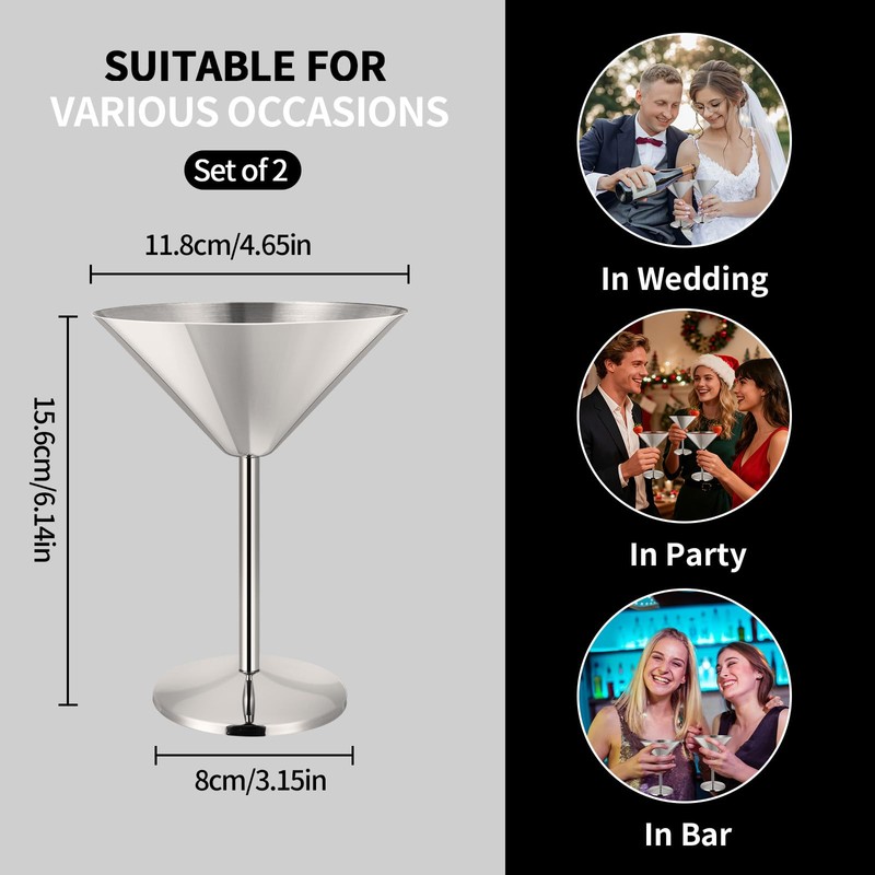TJ 2 Pcs Stainless Steel Martini Glasses 6.5oz Metal Martini