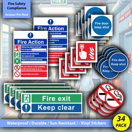 Fire Safety Compliance Sticker Signs - 34 Multi-Pack - Fire Exit, Fire Door keep shut, fire alarm, Vinyl Sticker Signs