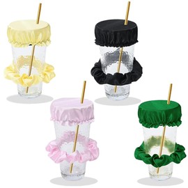 Vientiane 4-Piece Set Bellody Hair Elastics, Prevent Mixing with Unknown Drinks, Women's Protective Drink, Hair Scrunchie, Drink Cover (Pink, Black, Green, Yellow)