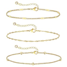 NJCXOLA Women's Bracelet Set, Gold, Chain Bracelets, Delicate Gold-Plated Bracelet, Twist Figaro Chain Bracelets, Adjustable Fashion Jewellery, Gold, for Women and Girls, Pack of 3