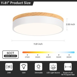 Modern LED Ceiling Light, Dimmable Wood Flush Mount Ceiling Lighting Fixture, 5CCT Round Wood Close to Ceiling Lamp for Kitchen Hallway Bathroom Office Laundry Room Entryway Nursery(White& 11.81 in)