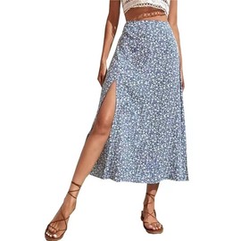 PrinStory Skirts for Women Casual Print Women Long Skirts Summer Split Hem Knit Ladies Skirts (Light Blue, XXL)
