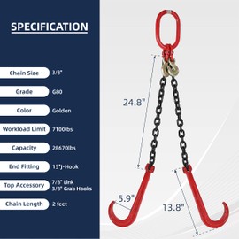 BATONECO G80 3/8" x 2' V Bridle J-Hook Tow Chain, Tow Recovery Chain 7100 Lbs WLL, Two 15" J-Hook & Eye Cradle Grab Hook