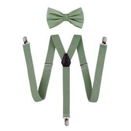 TIE G Solid Color Men's Suspender + Woven Bow Tie Set for Wedding : Vivid Color, Adjustable Brace, Strong Clip, Elastic Band, Sage Green, Regular