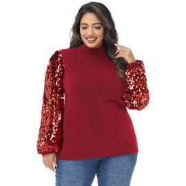 Anna-Kaci Women's Plus Size Sparkle Sequin Sweatshirt Mock Neck Pullover Long Sleeve Glitter Party Tops, Burgundy Red, 1XL