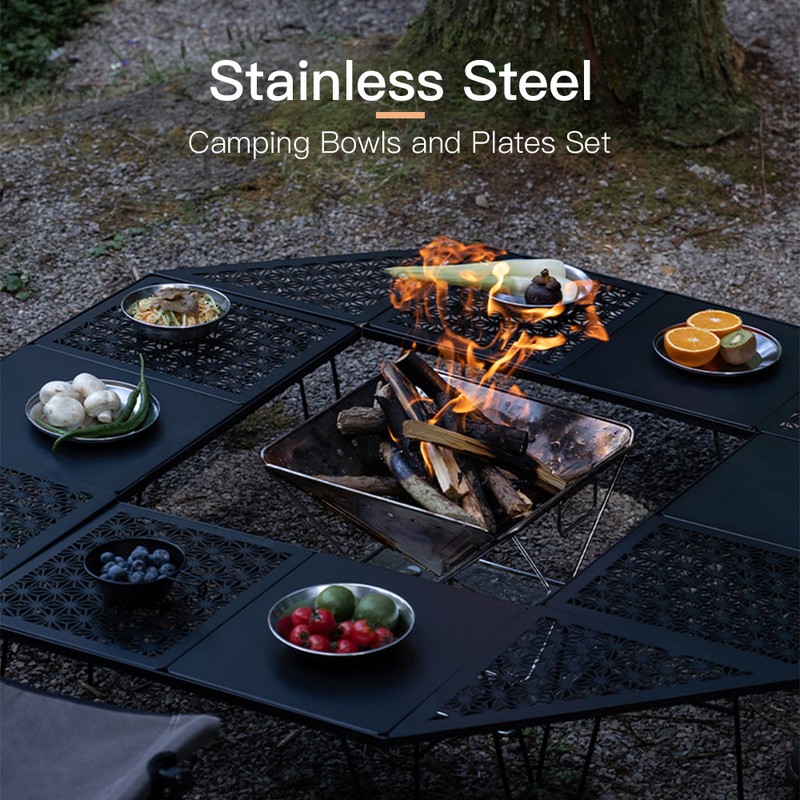 8pcs Stainless Steel Plates and Bowls Set Camping Dinner Dish