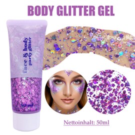 Body Glitter Gel 50 ml, Chunky Mermaid Sequins Glitter Face, Festival Glitter for Face/Hair/Body, Face Glitter Gel, Durable & Waterproof for Party, Masquerade, Birthday (Purple)