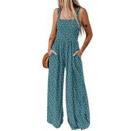 Dokotoo Womens Casual Loose Overalls One Piece Sleeveless Jumpsuits for Women Stretchy Wide Leg Long Pant Rompers Jumpsuit with Pockets Printed 2025 Fashion Green Small