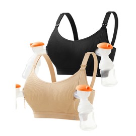 Pumping Bra Hands Free Zip Opening Design Seamless Nursing Bras for Breastfeeding High Support Nursing & Pumping Bra BlackBeige L