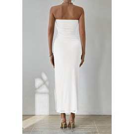 PRETTYGARDEN Women's Summer Maxi Bodycon Dresses Strapless Tube Top Printed Long Party Club Slit Dress (White,Large)